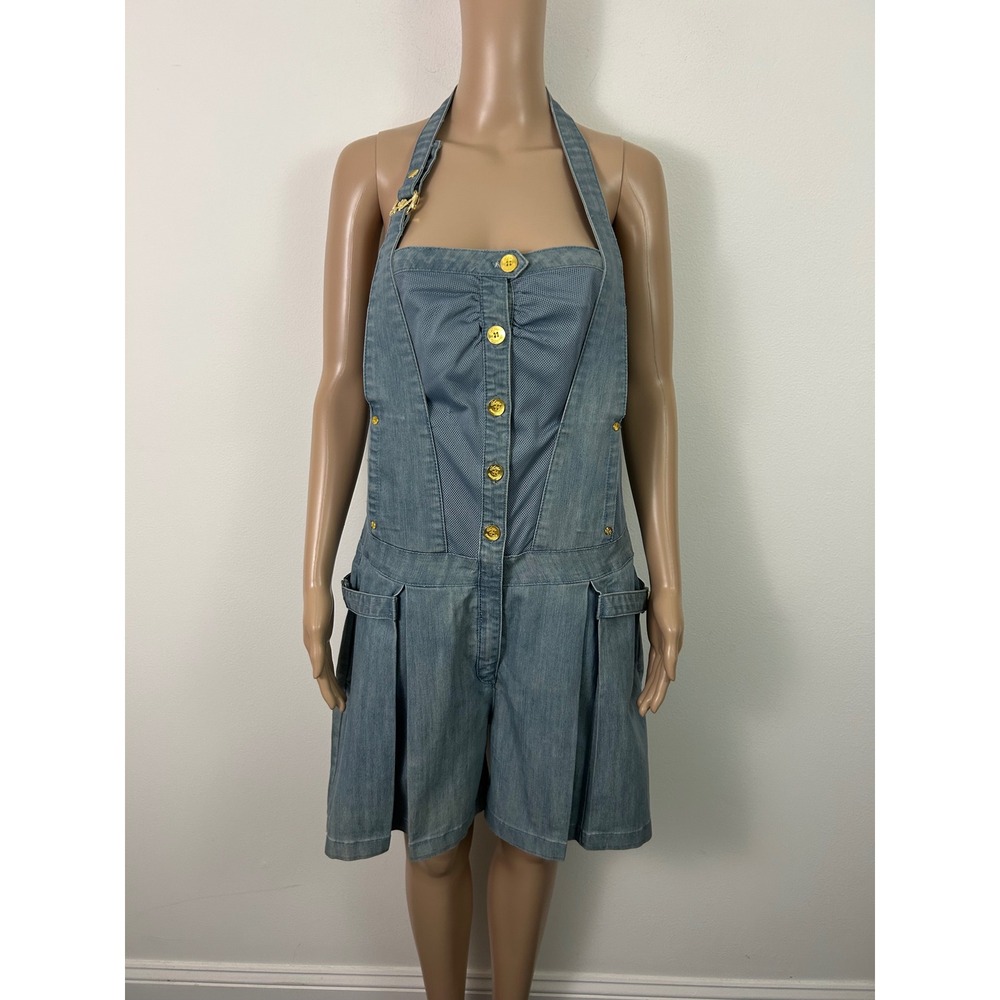 Apple Bottoms Denim Halter Romper Light Wash Y2K Gold Buttons Womens 9/10